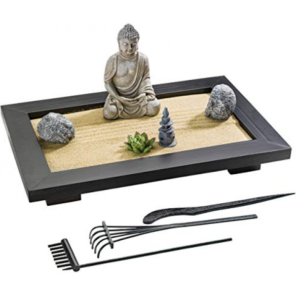 ZANTRA Japanese Zen Garden for Desk, Home and Office Decor, 12 x 8 Inch Wooden Sand Tray, Buddha, Lotus, Pagoda, Bamboo Rakes, Info Guide – Mini Zen Garden for Stress Relief, Meditation