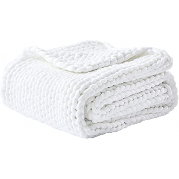 Chunky Knitted Weighted Blanket Hand Made Polyester Throw Blankets for Sleep Bed Sofa Chair Home Decor Breathable Cozy (White, 51"x63")